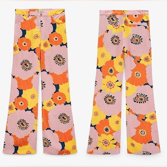 Zara Pants Multicolor Floral Print Wide Leg High Waist Trousers Size S - Picture 11 of 14